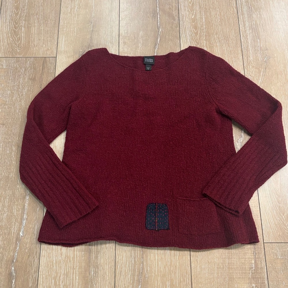 Eileen Fisher Burgundy Wool Blend Boucle Sweater Sashiko Patch Pocket Medium - Picture 2 of 8